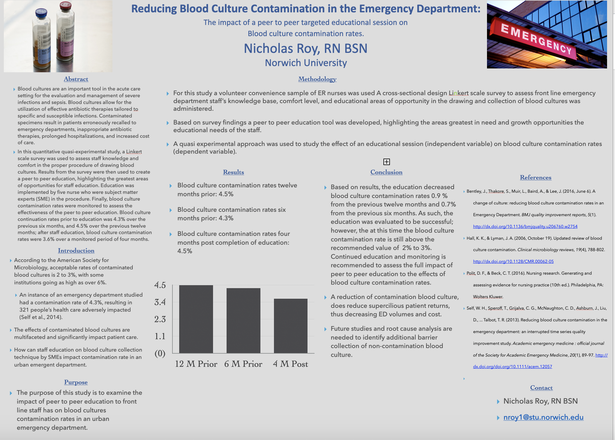 Showcase Image for Reducing Blood Culture Contamination in the Emergency Department:  The impact of a peer to peer targeted educational session on blood culture contamination rates. 
